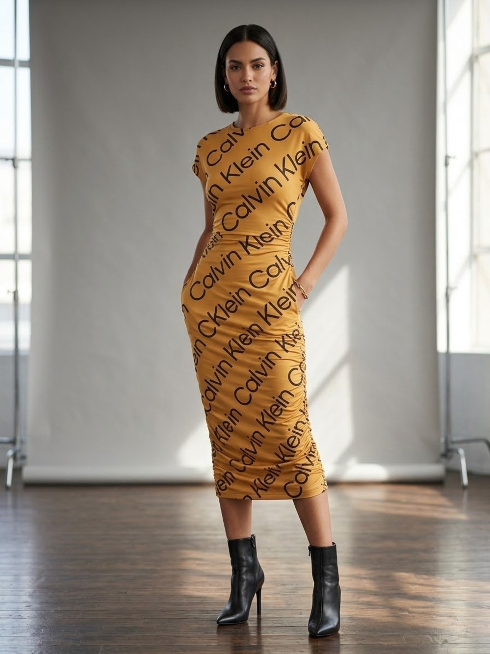 Calvin Klein Mustard Logo-Print Midi Bodycon Dress